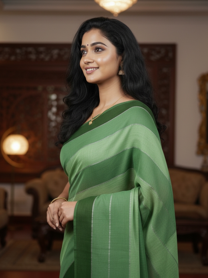 Handloom Striped Green Mul Cotton Saree | Soft Everyday Wear