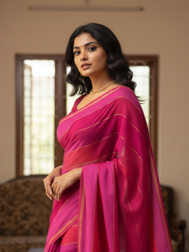 Handloom Mul Cotton Saree - Pink & Magenta Stripe with Zari