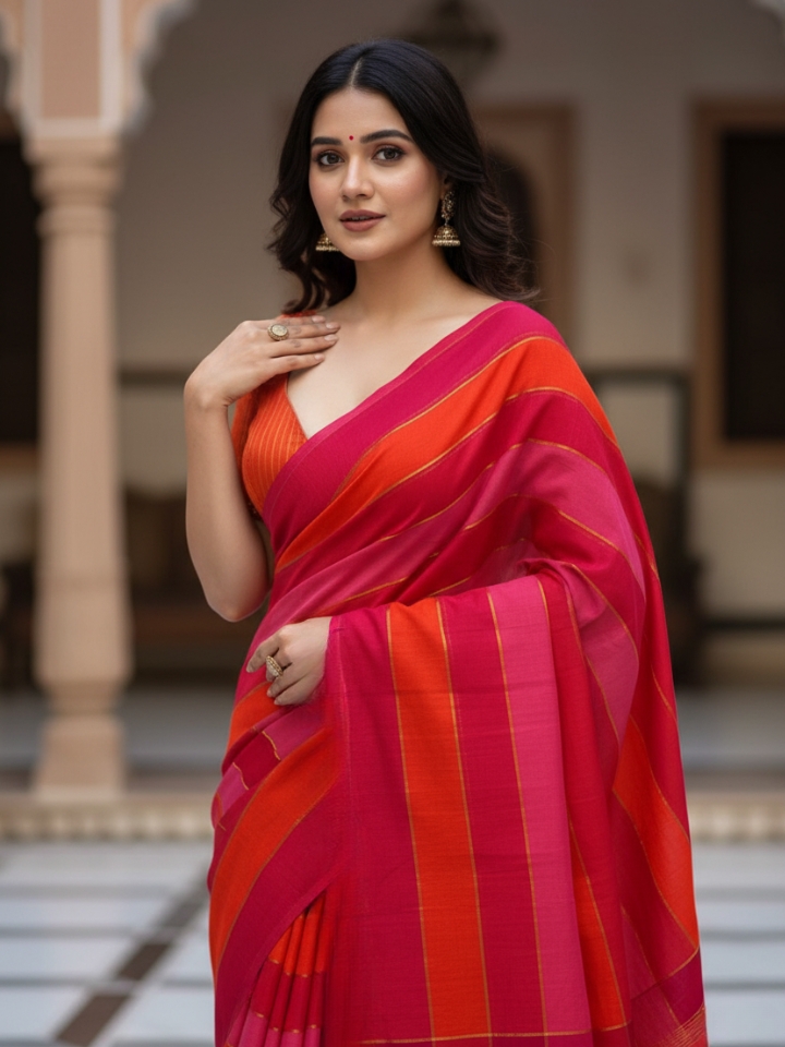 Vibrant Pink & Red Striped Mul Cotton Saree | Soft Everyday Wear